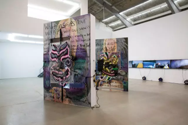 Kerstin Braetsch, Debo Eilers, and Oscar Murillo in the exhibition “Full of Peril and Weirdness: Painting as a Universalism” at M Woods, Beijing, 2015. Image courtesy of M Woods. 