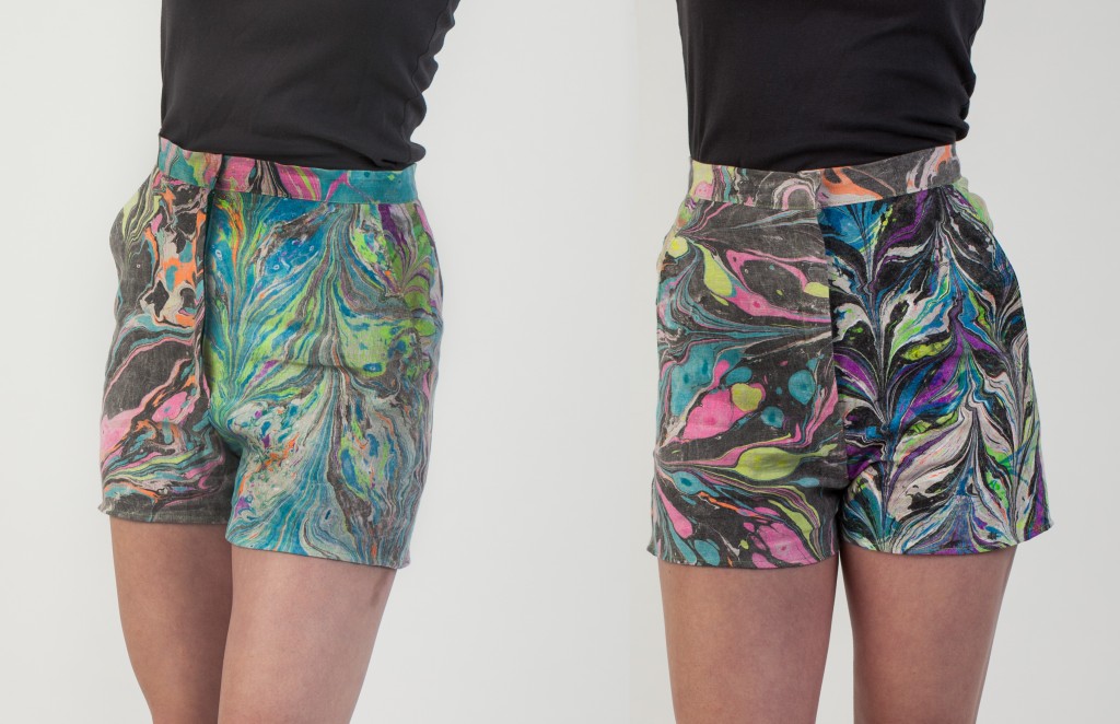 MYFAWNWY: Marbled Shorts: hand-marbled silk shorts from the Island & I collection, 2015. Image courtesy of MYFAWNWY.