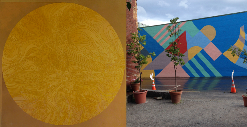 Left: Richard Iammarino, Big Yellow, 50" x 50", 2015. Photo by Scott Sell. Right: Iammarino, Unterhalter, and Truhn, Oak Street Mural (detail).