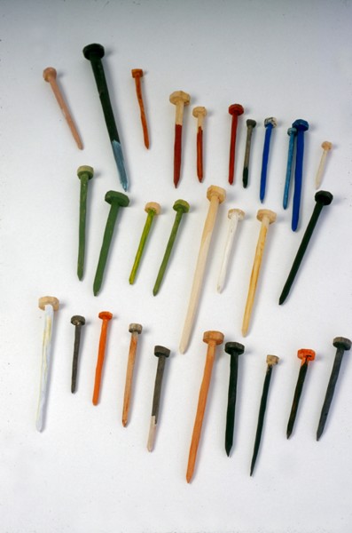 Duncan Hewitt, Colored Test (29 nails), carved and painted wood, approximately 24 x 18 x 1 in, 1998. Collection of Katherine Bradford, New York.