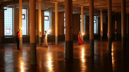 Still from Thine Eyes (2013) by Subcircle. Scott McPheeters, Christina Zani, Christy Lee. Taken in performance at Pepperell Mills, North Dam Campus, Biddeford. Photo by Jorge Cousineau.