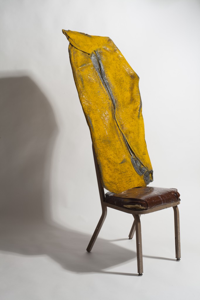 Duncan Hewitt, Yellow Smashup, carved and painted wood with chair, 47 x 24 x 2 in, 2013. 