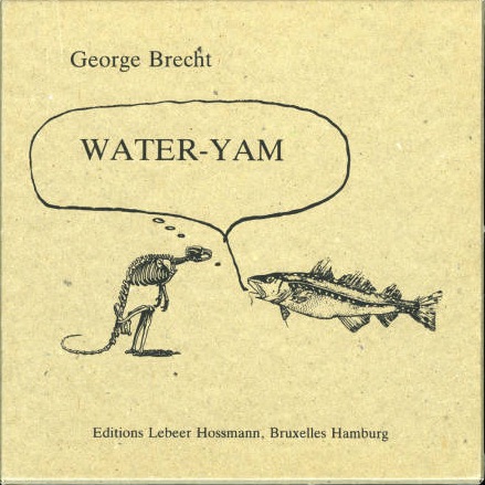 George Brecht’s Water Yam is another example of the beginnings of Mail Art and the New York Correspondence School. Water Yam began when Brecht mailed small cards to his artist colleagues with scores conducted on one side. His friends would create their own scores, thus building the beginnings of the Mail Art movement. Water Yam culminated with the Yam Festival in May 1963. George Maciunas, a contemporary of Brecht, designed and produced the collection of cards to create the work “Water Yam”, seen above. Maciunas removed any signatures on the cards to create cohesion and one body of work. Similarly, by leaving work unsigned, Erased By Us mirrors this desire to maintain anonymity and the blending of ideas. <sup class='footnote' srcset=