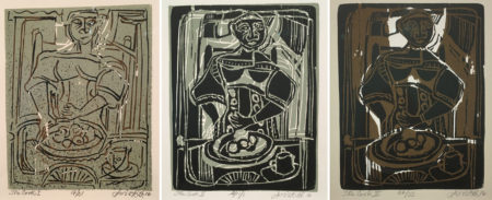 David Driskell, from left to right: The Cook I, AP 17/21, linocut/serigraph, 7.25 x 6”, 2016. The Cook II, AP 1/1, woodcut/serigraph, 7.25 x 6”, 2016. The Cook III, AP 24/33, woodcut/serigraph, 7.25 x 6”, 2016. Photos courtesy of CMCA.