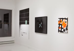 Installation shot. Pictured from left to right: Nyeema Morgan, Like It Is: Prelude (T.M.), 2016. Tad Beck, Blind Spot 37, 2016. Karen Lederer, Orange Dust, 2014. Courtesy of the artists and Grant Wahlquist Gallery.
