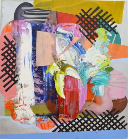 Elizabeth Kleene, “LAYER BOSS”, acrylic, oil, and duralar on aluminum mounted on panel, 13" x 12", 2013. Image courtesy of Gallery 49.