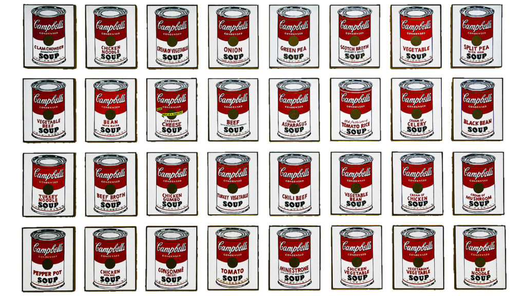 Andy Warhol, Campells's Soup Cans, 1962. Synthetic polymer paint on thirty-two canvases, Each canvas 20 x 16" (50.8 x 40.6 cm). Overall installation with 3" between each panel is 97" high x 163" wide. 