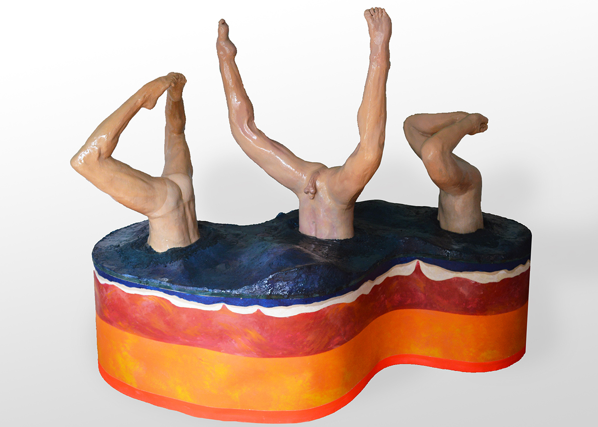 The legs of three light-skinned white figures emerge into the air from an s-shaped pool sculpture, each with pointed toes and variously angled legs, as if performing or synchronized swimming. The figures are naked: we see tan lines on the butt of the figure furthest left and the penis and scrotum of the figure in the center hanging earth-ward. The water shapes of the sculpture is dark blue and wavy on its top, and down the side it is ringed with a wavy layer of white near the top, followed by straight bands of textured red, yellow, and orange.