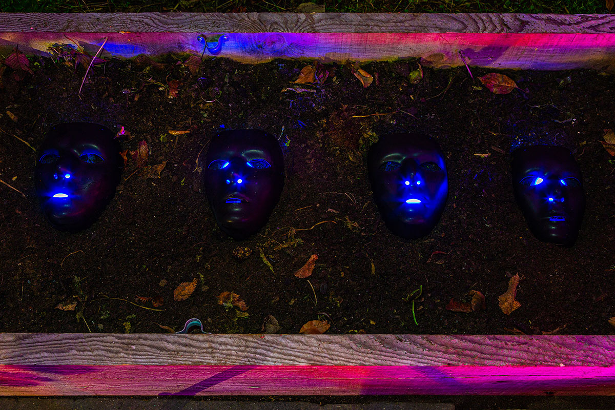 In a garden bed at night, four faces (masks) look upward toward the sky, blue light emanating from their eyes, nostrils, and mouths. Blue and pink light bounces off the edges of the garden bed, creating a futuristic effect.