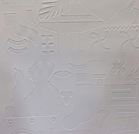 A detail of an embossed print of various shapes on white paper. The shapes, which are not inked, include a silhouette of someone smoking a pipe, a palm frond, a tube sock, wavy Xs, zig-zag shapes, geometric curves, and more.